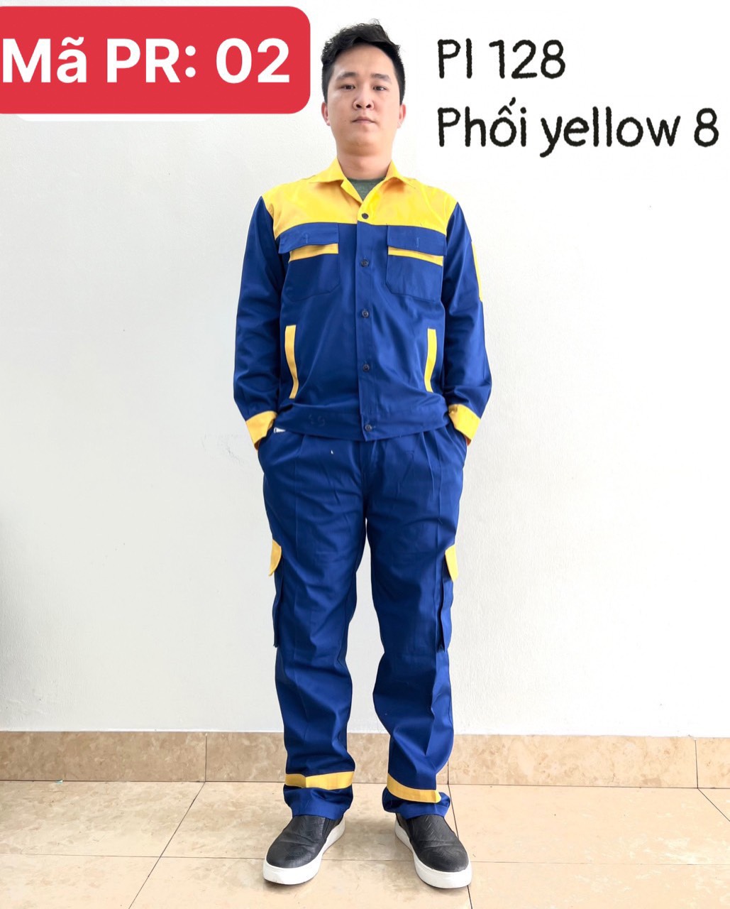 Quần áo bảo hộ vải pangrim phối màu xanh vàng