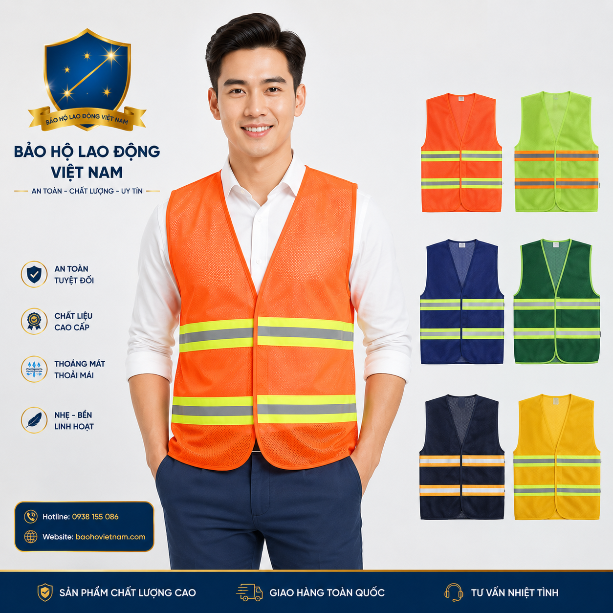 Áo gile phản quang vải lưới thoáng mát, thun hai bên giá rẻ