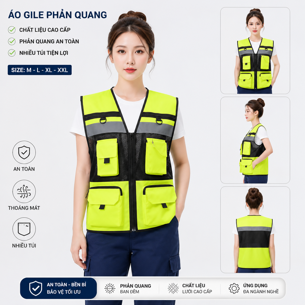 Áo gile phản quang AV82 nhiều túi thiết kế lưới thoáng mát, bền đẹp