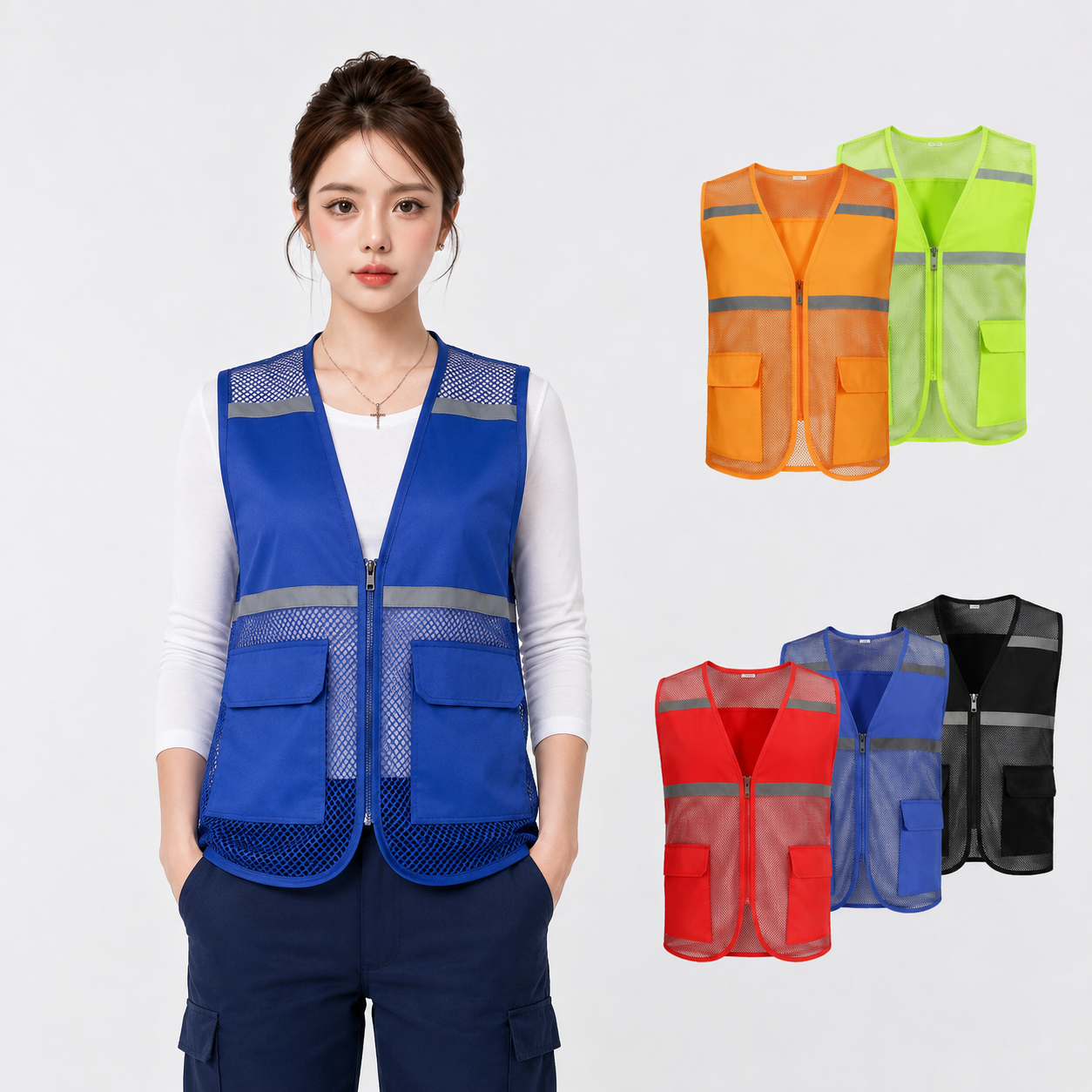 Áo gile phản quang chất liệu kaki bền phối lưới thoáng khí AV63, Màu xanh dương