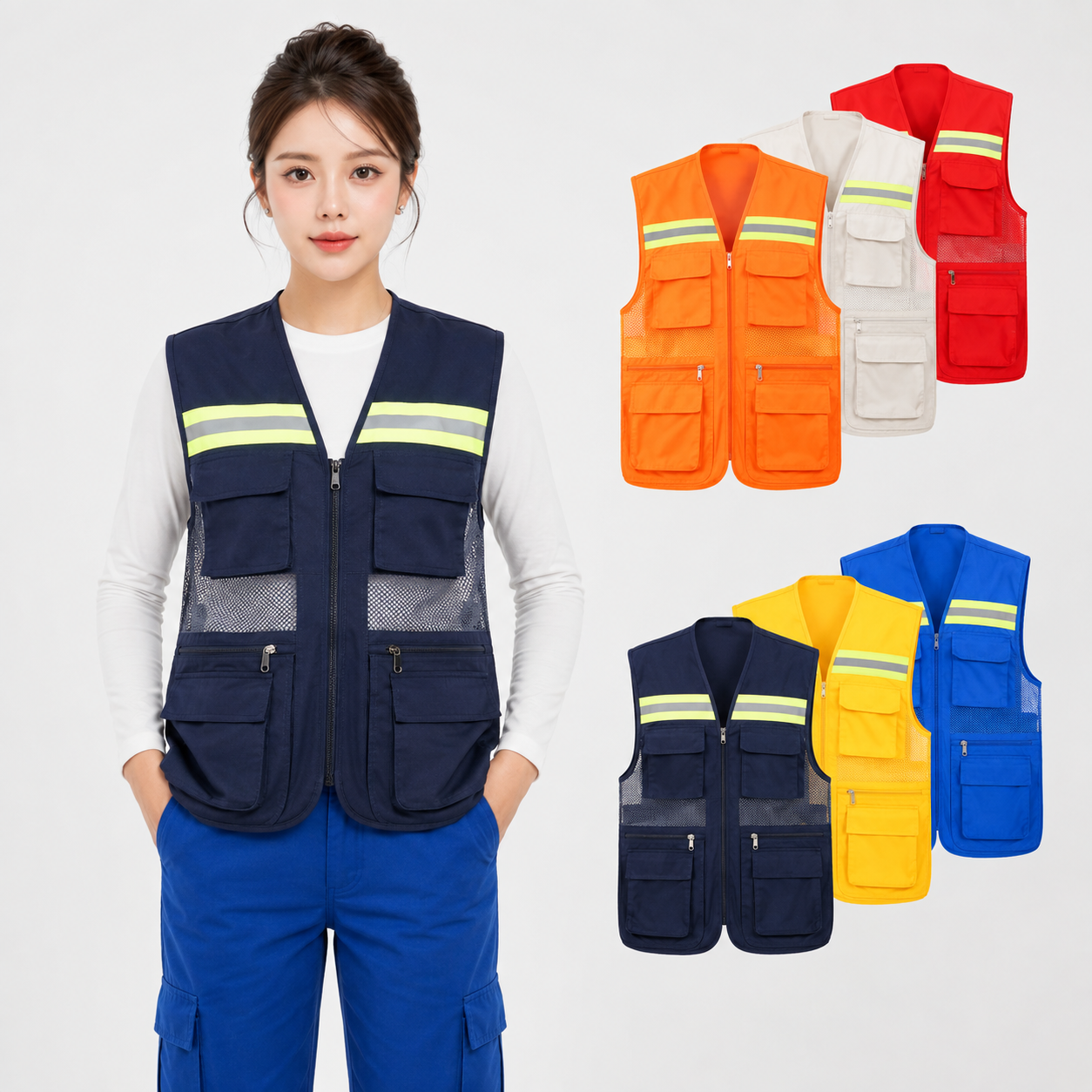 Áo gile kỹ sư phản quang 6 túi xuất khẩu chất liệu kaki phối lưới dày dặn AV39